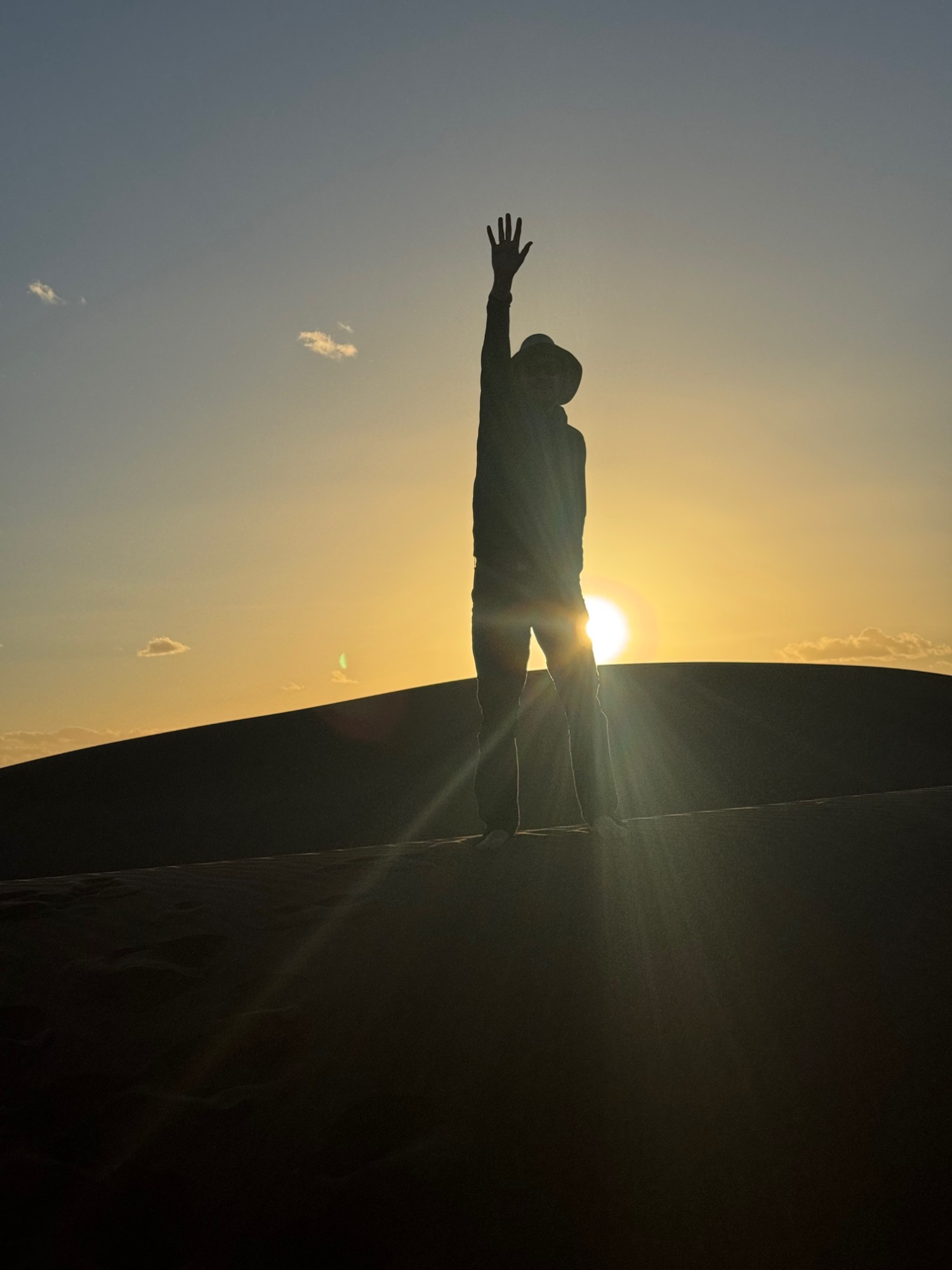 A leader silhouetted on a desert dune at sunset, one arm reaching up toward the sky